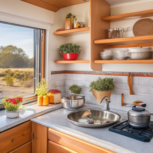A cozy RV kitchen showcasing stylish foldable shelves, adorned with vibrant cookware, potted herbs, and neatly organized utensils, all bathed in warm, natural light streaming through a window, emphasizing functionality and space-saving design.