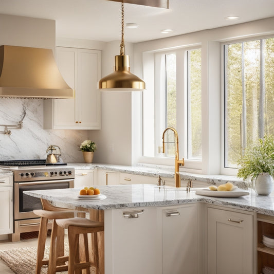 A modern kitchen with large windows, white cabinets, and a central island, featuring a pendant light fixture, sleek appliances, and a natural stone backsplash, bathed in warm, golden light.