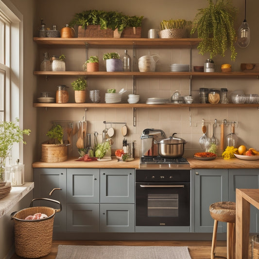 A cozy small kitchen featuring elegant pull-out shelves, showcasing vibrant spices, neatly arranged dishes, and colorful kitchen gadgets, all surrounded by warm wood tones, soft lighting, and minimalist decor for a functional yet inviting space.