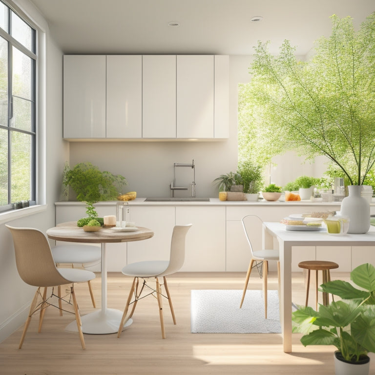 A serene, minimalist city kitchen with sleek white cabinets, stainless steel appliances, and a small, round wooden table with two chairs, surrounded by plenty of natural light and lush greenery.