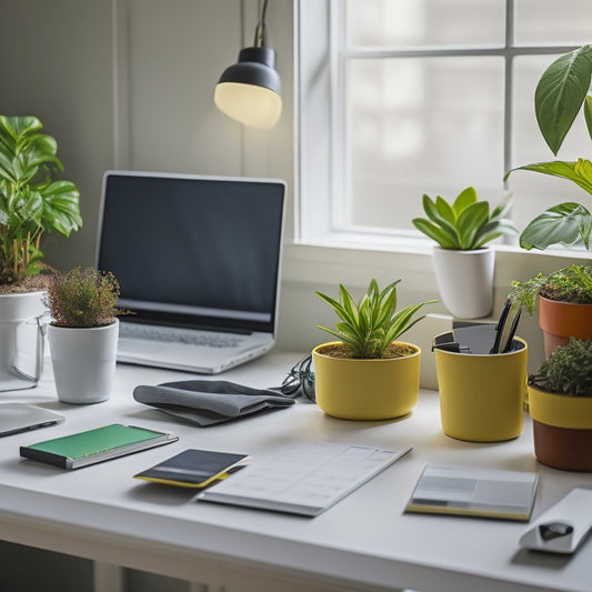 A tidy, minimalist desk with a laptop, a small potted plant, and a few neatly organized storage bins, with colorful printable trackers and labels visible on the edges and surfaces.