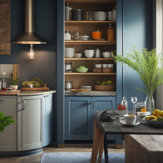 A cozy kitchen corner featuring a sleek, modern cabinet with glass doors, filled with colorful dishes and spices, surrounded by warm wood accents and soft ambient lighting, creating an inviting atmosphere in a tight space.