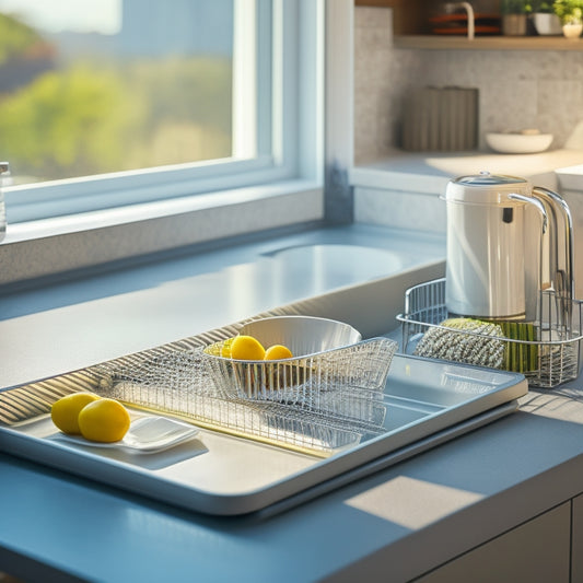 A sleek, modern dish drainer perched on a compact countertop, showcasing neatly arranged dishes, utensils, and drying towels. Soft natural light filters in, highlighting the minimalist design and maximizing the use of limited space.