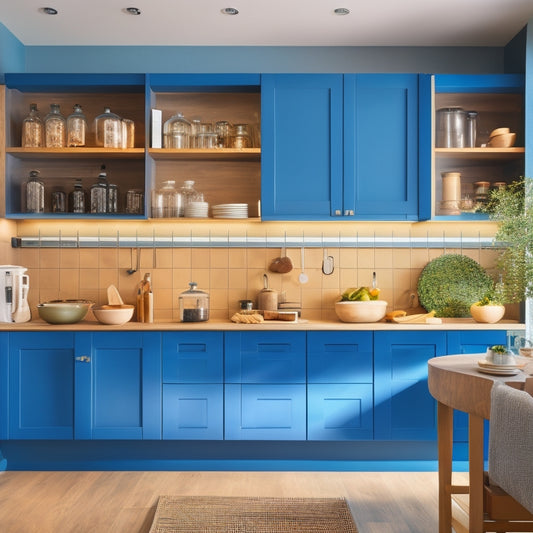 A sleek modular kitchen featuring stylish open shelving, pull-out drawers, and hidden cabinets. Include vibrant pots, glass jars, and organized utensils, all harmoniously arranged with warm, ambient lighting highlighting the efficient storage solutions.