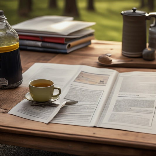 A close-up of a worn, dog-eared RV manual lying open on a cluttered campsite picnic table, surrounded by scattered tools, maps, and coffee cups, with a faint forest background.