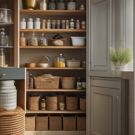 A stylish freestanding pantry unit nestled in a cozy kitchen corner, showcasing organized shelves filled with jars, spices, and canned goods, complemented by warm wood tones and soft lighting that highlights its functionality.