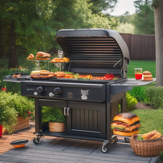 A sleek, black Yoder's Competition Cart grill with stainless steel accents, surrounded by vibrant greenery, sits on a wooden deck, with a few perfectly grilled burgers and vegetables on the grates.