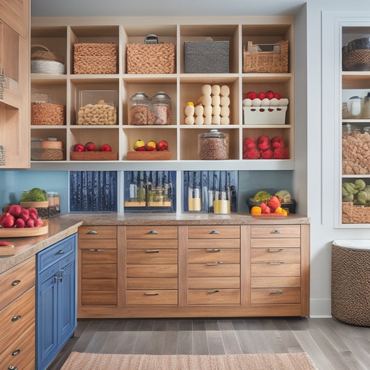 A bright, modern kitchen featuring sleek sliding pantry drawers with elegant pull-out baskets, filled with colorful fruits, grains, and spices. Soft lighting highlights the wood finish and organized, functional design.