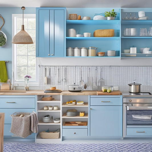 A bright, modern kitchen with sleek countertops, featuring a wall-mounted pegboard with hanging utensils, a pull-out pantry with baskets, and a kitchen island with built-in drawers and a utensil organizer.