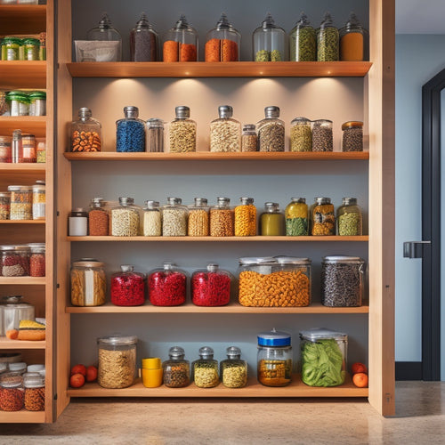 A modern kitchen showcasing sleek wooden sliding pantry shelves filled with colorful jars, spices, and neatly organized food items, illuminated by warm ambient lighting, highlighting the versatility and elegance of customizable storage solutions.