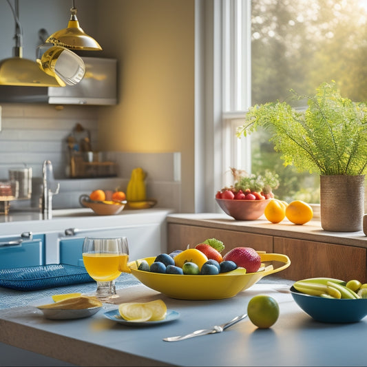 A modern kitchen scene featuring a sleek dish drainer with colorful plates, glasses, and utensils drying. Sunlight filters through a window, illuminating a vibrant fruit bowl and a cozy family dining setup in the background.