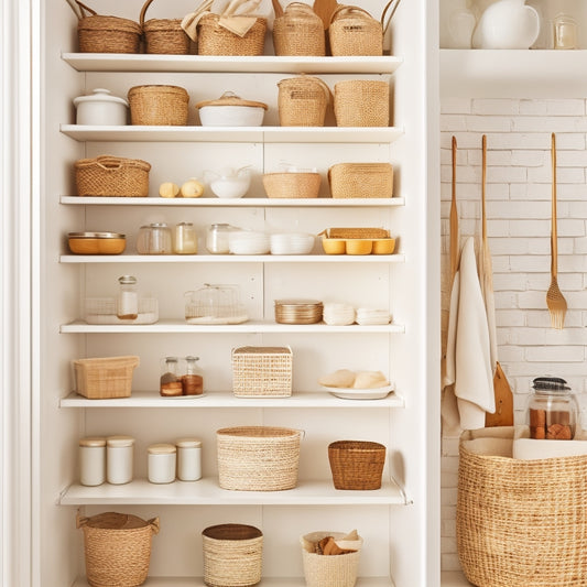A bright, modern pantry with adjustable shelving, woven baskets, and a pegboard with hanging utensils, jars, and baskets, surrounded by a soft, creamy white background and warm, golden lighting.