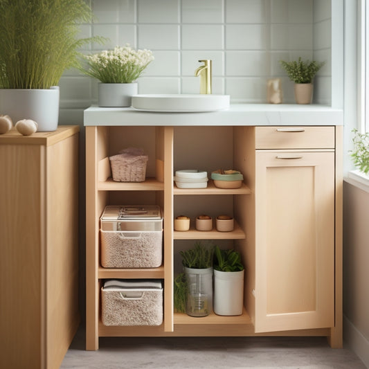 A stylish under-sink cabinet with sleek, pull-out drawers, organized bins, and elegant containers. Soft lighting highlights a minimalist design, featuring natural wood and pastel colors, complemented by potted herbs and eco-friendly cleaning supplies.