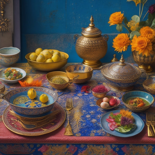 A vibrant, ornate Iranian table setting: intricate ceramic tiles, golden utensils, steaming Basmati rice, fragrant herbs, and a majestic, saffron-hued chicken dish, surrounded by delicate, hand-painted ceramics.