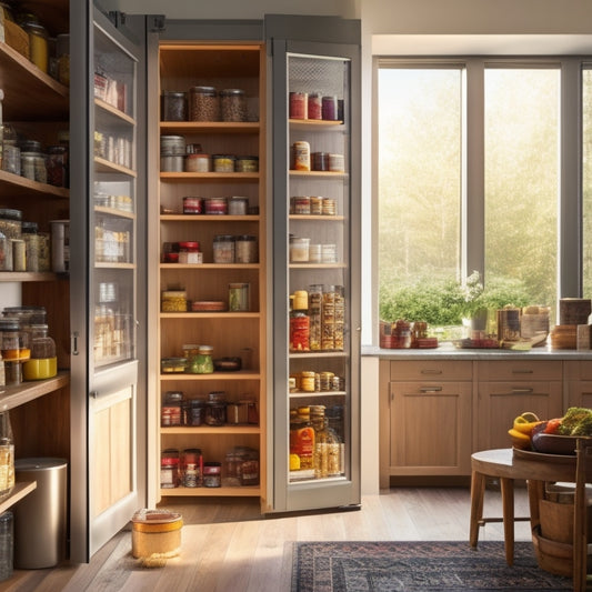 A modern kitchen with sleek, wooden sliding pantry doors partially open, revealing organized shelves filled with colorful spices, jars, and canned goods, illuminated by warm, natural light streaming through a nearby window.