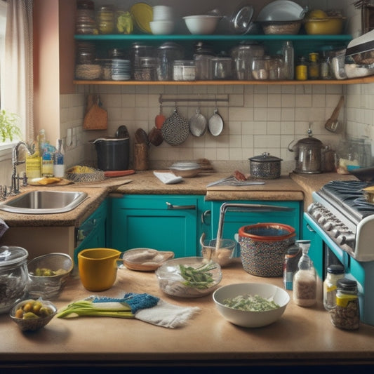 A messy kitchen with overflowing cabinets, countertops cluttered with appliances and utensils, and a sink piled high with dirty dishes, contrasted with a small, tidy corner featuring a single, organized drawer.