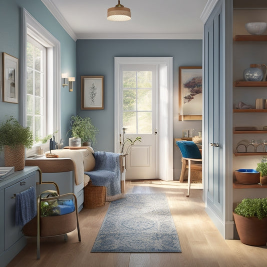An illustration of a senior-friendly home interior with a wheelchair-accessible doorway, grab bars, non-slip flooring, large button controls, and ample natural light, surrounded by calming colors and minimal clutter.
