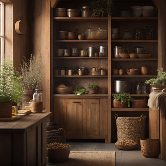 A cozy kitchen scene featuring a stylish, freestanding pantry unit made of reclaimed wood, filled with jars of grains and spices, surrounded by potted herbs, and a warm, inviting atmosphere with soft lighting.