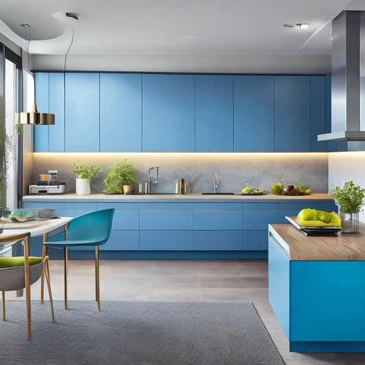 A sleek, modern kitchen featuring space-saving modular units with pull-out cabinets, integrated appliances, and a minimalist island. Bright colors, strategic lighting, and smart storage solutions create a chic and functional atmosphere.