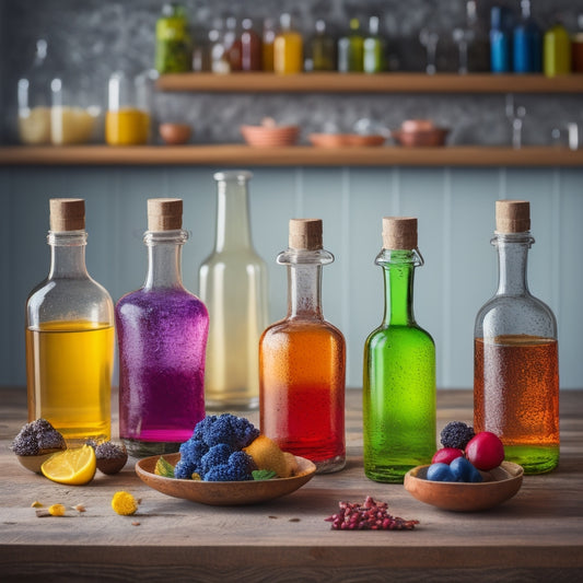 A still life arrangement of 5-7 diverse glass bottles in various shapes and sizes, filled with colorful liquids and foods, atop a rustic wooden table or marble countertop, with a blurred kitchen background.