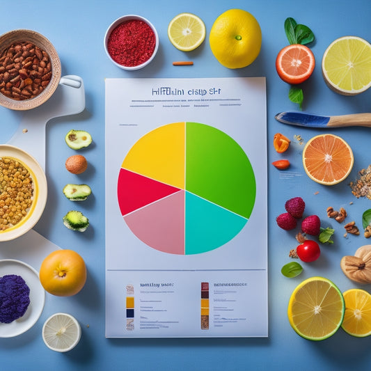 A colorful, organized, and minimalist visual representation of a kitchen countertop with a variety of healthy food items, charts, and diagrams surrounding a central, large, and sleek nutrition cheat sheet.