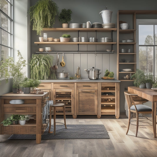 A modern kitchen with a wooden floor, featuring a kitchen cart with three drawers, a built-in wine rack, and a padded stool, surrounded by utensils, cookbooks, and a few potted plants.