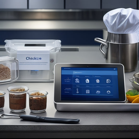 A stainless steel kitchen counter with a tablet displaying a digital checklist, a chef's hat and gloves, a thermometer, and a sealed food container, surrounded by a faint grid of guidelines.