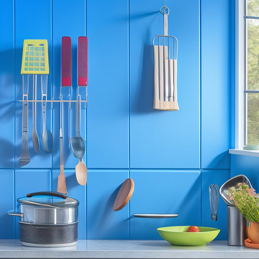 A sleek over-the-door rack filled with colorful kitchen essentials: pots, pans, and utensils, neatly organized. Soft morning light streams through a nearby window, highlighting the vibrant colors and the modern kitchen backdrop.