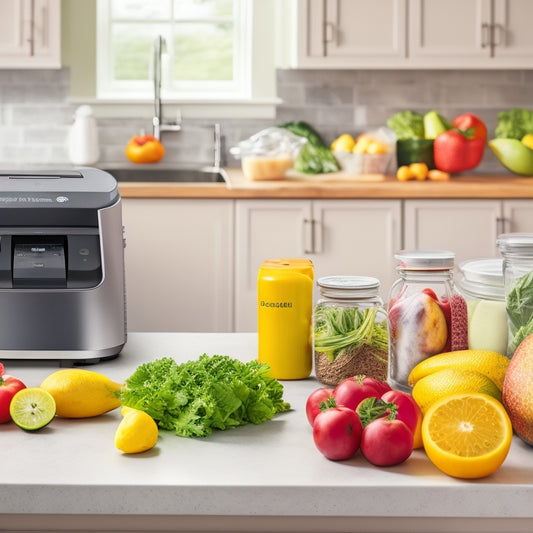 A clean and modern kitchen countertop with a Harvest Keeper Vacuum Sealer prominently displayed, surrounded by fresh fruits and vegetables, and a few sealed bags with visible air removal lines.