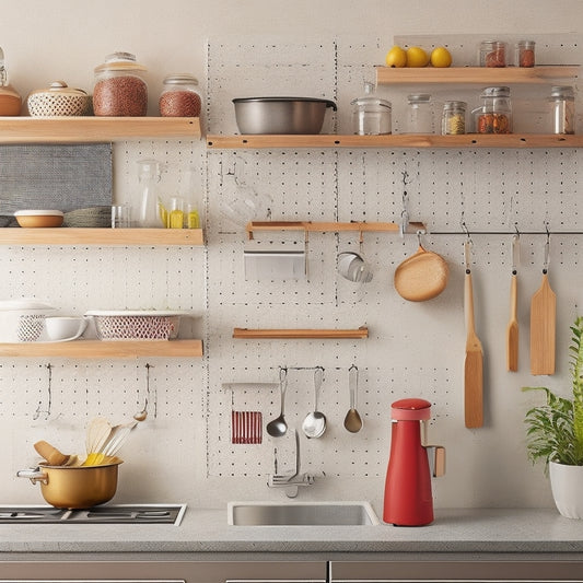 A tidy, minimalist kitchen with a small footprint featuring a pegboard with hanging utensils, a compact cart with a built-in spice rack, and a wall-mounted pot lid organizer.