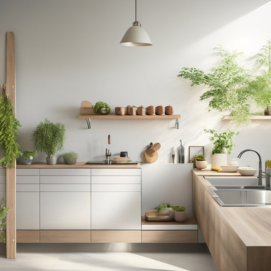 A serene minimalist kitchen showcasing sleek, wall-mounted racks made of polished metal and natural wood, elegantly displaying utensils and plants, with soft natural light highlighting the clean lines and open space.