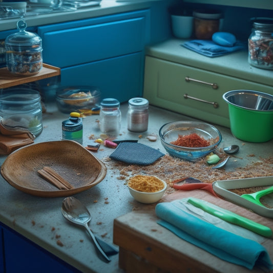 A messy kitchen drawer overflowing with disorganized utensils, tangled cords, and expired coupons, with a few crumbs and spills scattered throughout, and a faint hint of cluttered chaos in the background.