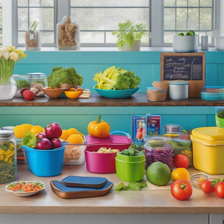 A vibrant, organized kitchen counter featuring a variety of colorful, neatly portioned vegan meal prep containers, surrounded by fresh produce, utensils, and a few strategically placed cookbooks.