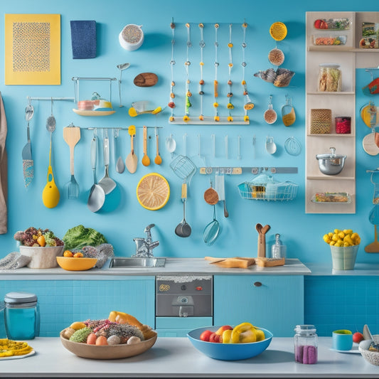A colorful kitchen with a large, rectangular poster on the wall, featuring a grid of icons and graphics illustrating different frozen food categories, surrounded by kitchen utensils and appliances.