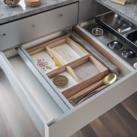 A fully opened toe-kick drawer in a sleek, modern kitchen, filled with organized cookware, utensils, and spices, with soft, warm lighting and a blurred background of marble countertops and stainless steel appliances.