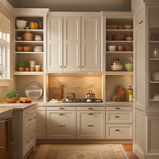 A warm, well-lit kitchen with creamy cabinets, featuring a pull-out spice rack, a utensil organizer with ergonomic handles, and a Lazy Susan in a corner cabinet.