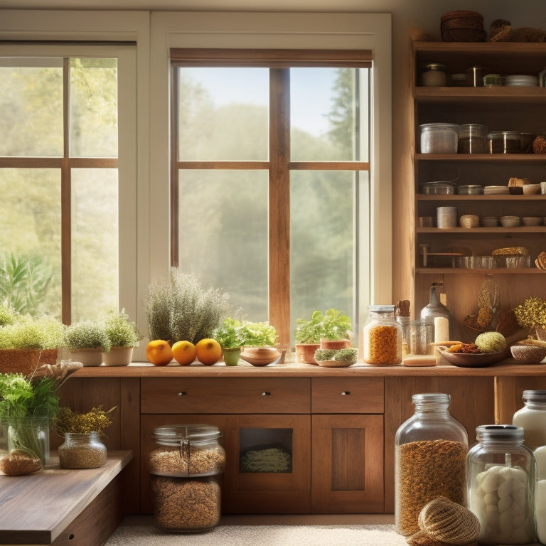 A cozy kitchen showcasing sleek wooden sliding pantry drawers filled with organic spices, grains in glass jars, and fresh herbs, bathed in natural light filtering through a window, emphasizing sustainable living.