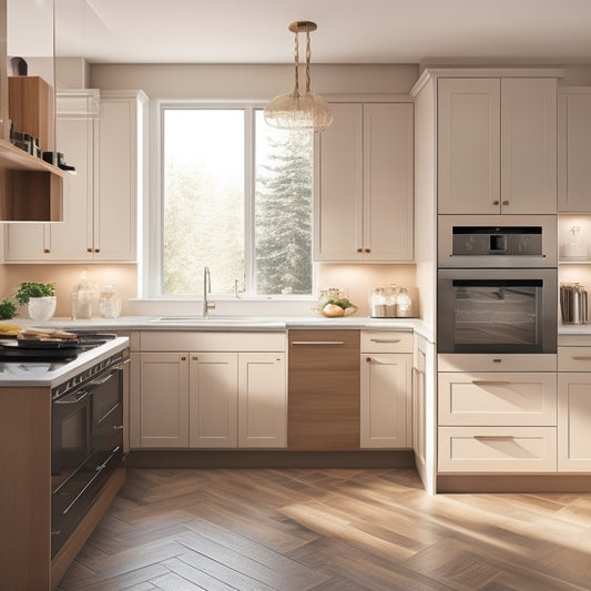 A sleek, modern kitchen with built-in cabinets, drawers, and shelves in a warm, neutral color palette, featuring a large central island with a built-in sink and cooktop.