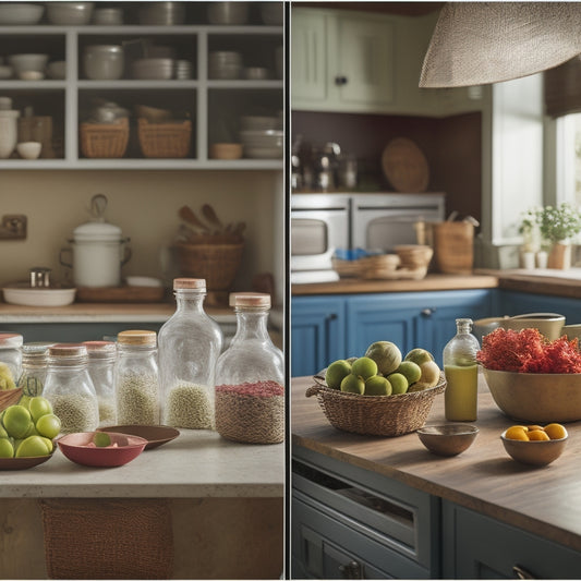 A split-screen image with a cluttered kitchen counter on the left, surrounded by scattered utensils and ingredients, and a tidy kitchen counter on the right, with labeled jars and baskets.