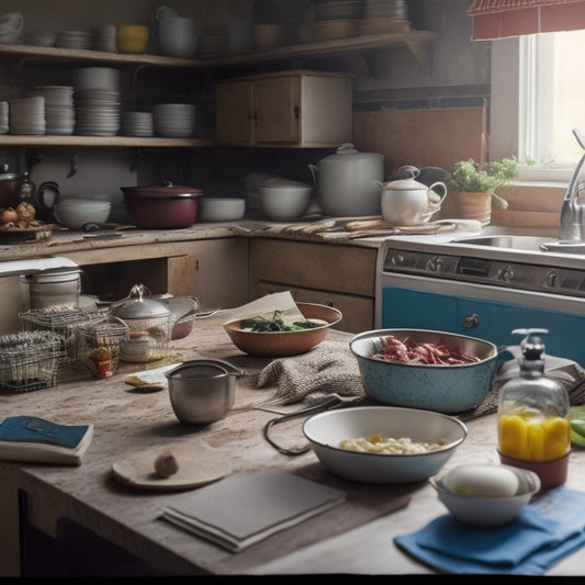 A cluttered kitchen counter with piles of dirty dishes, utensils, and appliances, surrounded by open cookbooks and scattered recipe papers, with a faint image of a frustrated cook in the background.