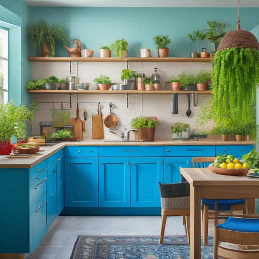 A bright, modern kitchen featuring innovative vertical storage shelves, hanging pots, and pull-out drawers, with a compact island and multifunctional appliances, all surrounded by vibrant herbs in pots and colorful kitchen accessories.