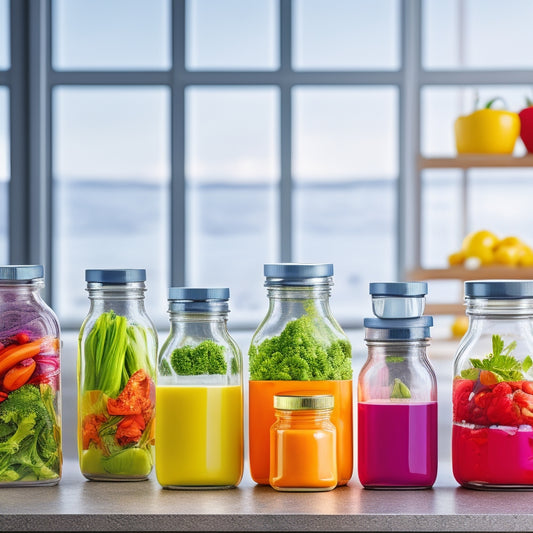 A colorful, modern kitchen background with a prominent, centrally-placed glass jar filled with fresh, crisp vegetables, surrounded by various Avery food labels in different shapes, sizes, and colors.