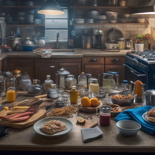 A chaotic kitchen scene with countertops cluttered by appliances, cookbooks, and utensils, amidst a backdrop of dirty dishes and overflowing trash, with a smartphone or tablet in the center, glowing with a clean and organized digital kitchen app.