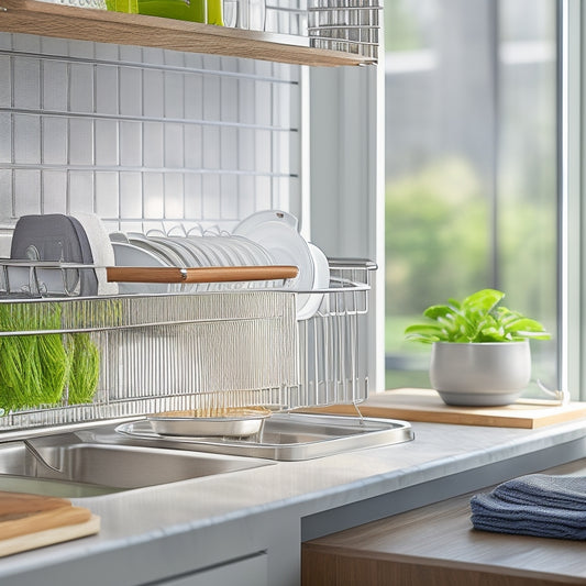 A sleek, modern expandable dish drying rack with gleaming stainless steel and bamboo accents, elegantly arranged in a bright kitchen. Sunlight filters through a window, illuminating clean dishes and water droplets glistening on the rack.