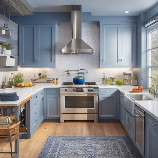 A modern kitchen with a U-shaped counter, stainless steel appliances, and a large island in the center, surrounded by a utensil-filled pegboard, a sink, and a gas stove with a range hood.