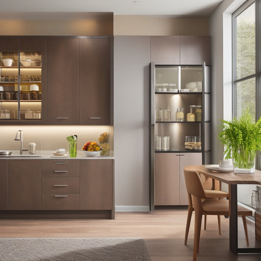 A sleek, modern kitchen featuring a stylish freestanding pantry unit with wood and glass accents, surrounded by minimalist decor, stainless steel appliances, and soft ambient lighting highlighting fresh ingredients and organized storage.