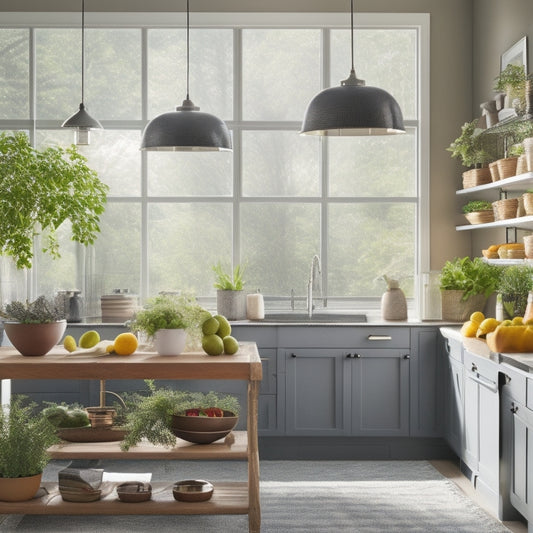 A sleek, modern kitchen island adorned with organized storage baskets, vibrant potted herbs, hanging utensils, a stylish fruit bowl, and a chic cutting board, all bathed in warm, natural light filtering through large windows.