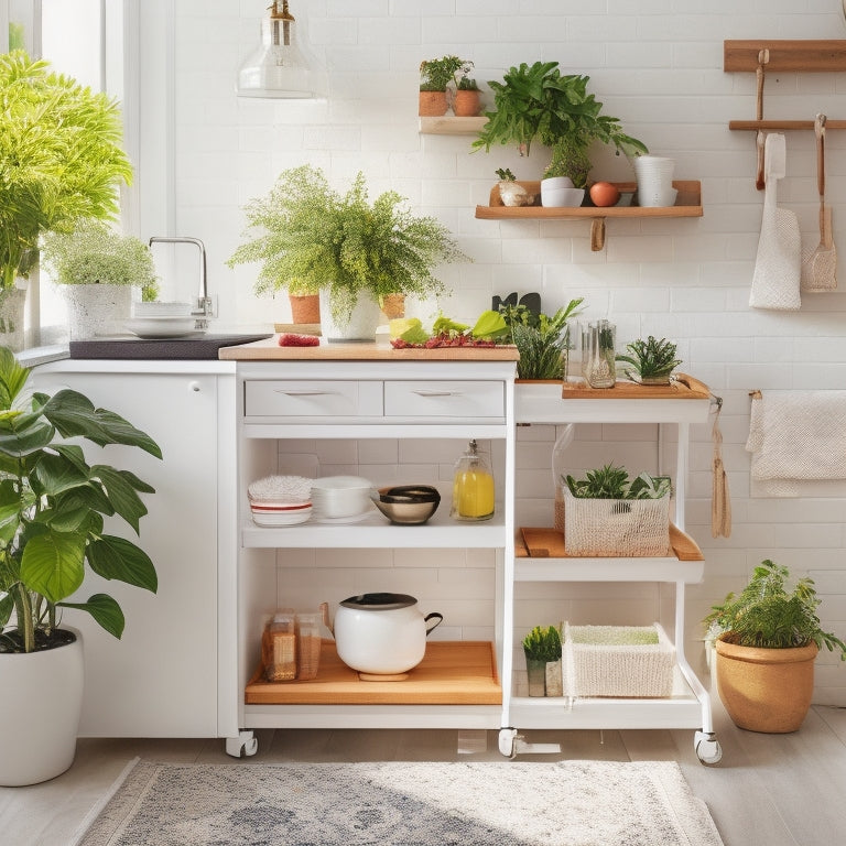 A bright, modern kitchen with a sleek, white DIY cart featuring multiple drawers, a built-in knife block, and a utensil holder, surrounded by organized cookbooks and a few potted plants.