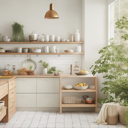 A warm, modern kitchen with creamy white walls, honey-brown wooden floors, and sleek, minimalist open shelving units showcasing a mix of vintage and modern cookware, gleaming glass jars, and lush greenery.