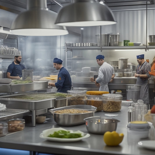 A busy restaurant kitchen with shelves stacked with labeled, airtight containers, a stainless steel countertop with organized utensils, and a chef efficiently prepping ingredients in the background.